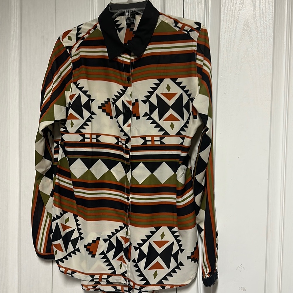 Vintage Oppa Shirt Womens XL Aztec Button Up Green Brown Black Boho